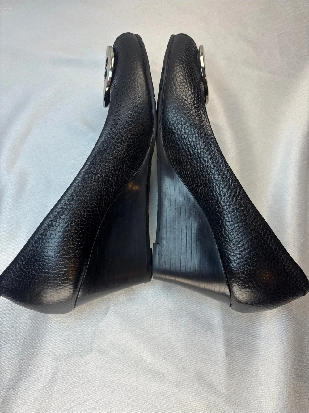 Tory Burch Black Leather Peep-Toe Wedges with Silver Logo Medallions